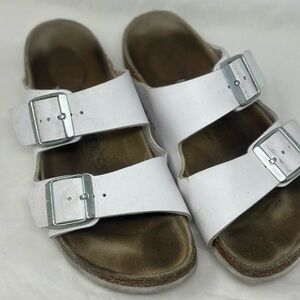 Birkenstock White Double Strap Sandals with Silver Buckles Size 38